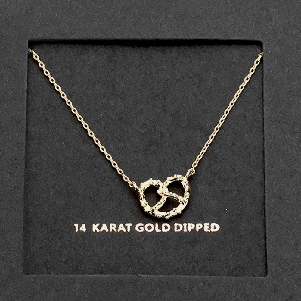 Gold Dipped Pretzel Pendant Necklace Charm Chain Statement Jewelry Accessory